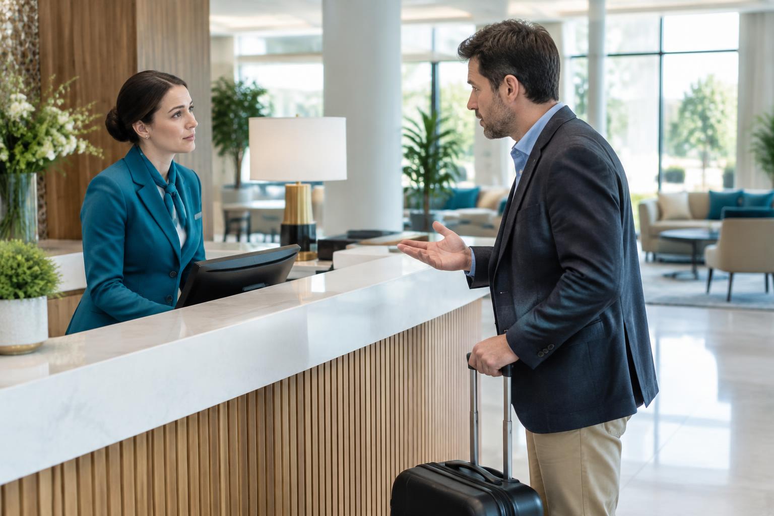 Recepcionista atendiendo a un huésped en un hotel